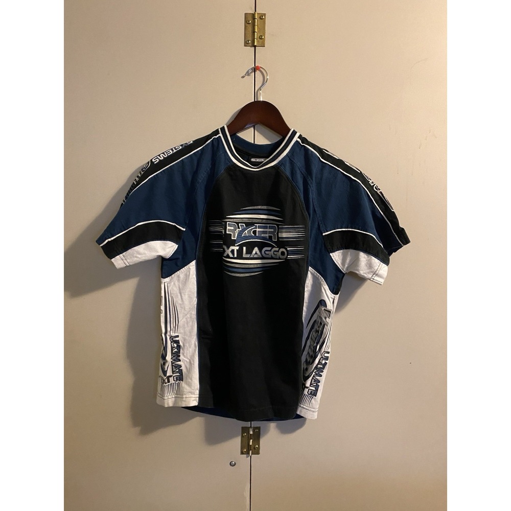 Vintage Y2K Xt Laggo Racer Jersey Shirt Blue Cyber Motocross Graphics Youth 12